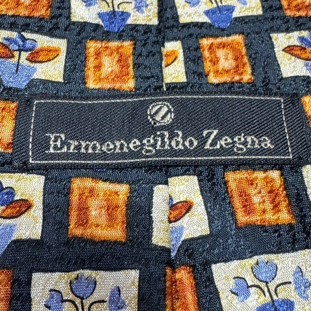 Ermenegildo Zegna Neck Tie Handmade Luxury 100% Silk Floral‎ Retro Mid-Century